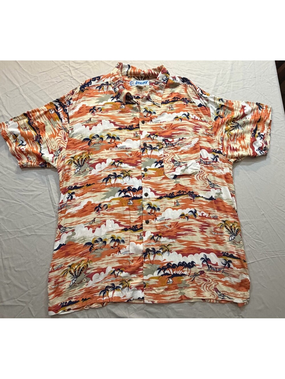 Utility Hawaiian Shirt Mens XL Rayon Orange Tropical Aloha Palm Trees Sailboats